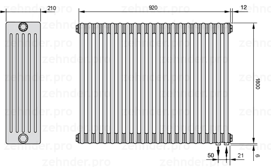 Схема (чертеж) Радиатор Zehnder Charleston 6180/20 №5510 Белый глянцевый RAL 9016